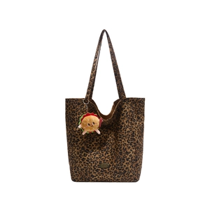 Borsa tote leopardata in tela da donna con ciondolo hamburger di peluche per pendolari