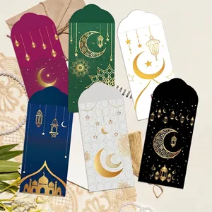 Set of 6 Eid Mubarak green and multicolor envelopes with gold foil crescent moon and stars