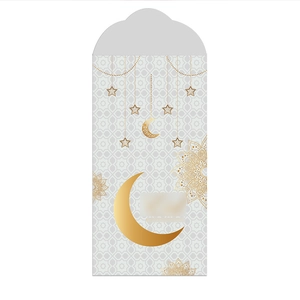Detail of Eid Mubarak green envelope with golden crescent moon and mandala pattern art