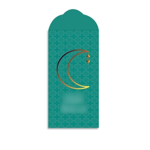 Détail d'une enveloppe verte de l'Aïd avec motifs dorés de croissant de lune et lanterne
