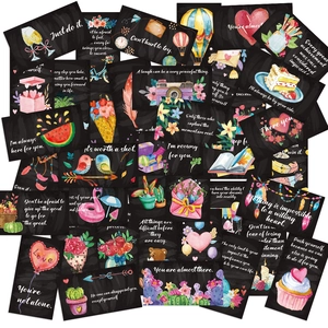 Set of 50 black motivational cards with colorful hand-drawn illustrations and English quotes