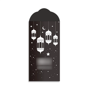 Détail macro d'une enveloppe noire pour l'Aïd avec motifs lune et lanterne