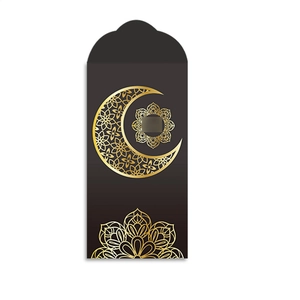 Détail de l'enveloppe noire mate avec motifs dorés de lune et mandala pour célébrations