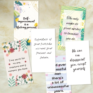 Detailed spread of motivational cards with floral designs and inspirational quotes