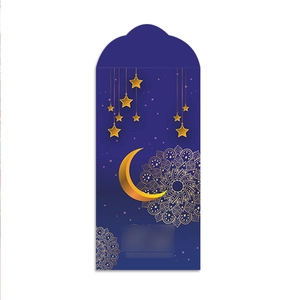 Λεπτομέρεια μπλε φακέλου Eid με χρυσή ημισέληνο και καλλιτεχνικά μοτίβα μαντάλα