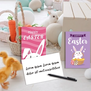 Easter card set with cute rabbits and colorful eggs including envelopes for greetings
