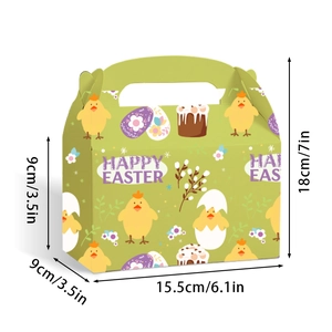 Boîte cadeau de Pâques avec motifs d'œufs et dimensions détaillées sur fond blanc