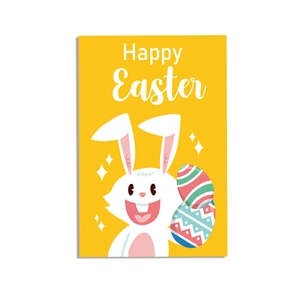 Detail of a bright yellow Easter card with a cute cartoon bunny holding colorful eggs