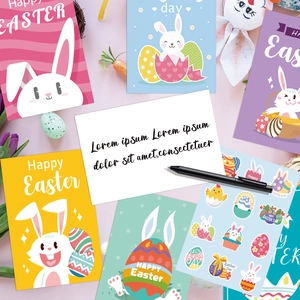 Easter greeting card set with 12 colorful egg and bunny designs including envelopes