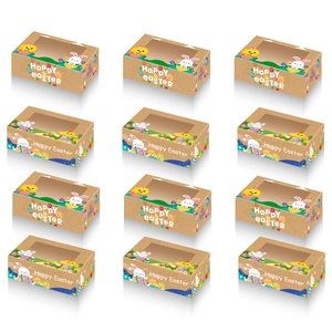 Batch set of 12 kraft paper Easter gift boxes with clear window and festive chicken prints