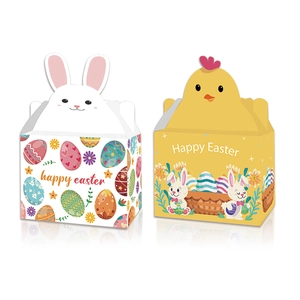 Detail of Easter candy boxes featuring bunny and chick designs with Happy Easter text