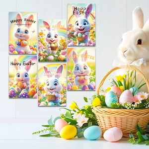 Detailansicht von sechs Osterkarten mit Hasenmotiven und bunten Eiern samt Deko-Korb