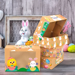 Close-up of Easter gift boxes with kraft paper, festive rabbit prints and PVC window