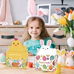 Happy Easter party candy gift boxes with bunny and chick designs and carry handles