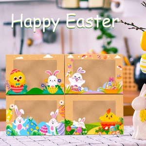Easter Kraft Paper Gift Box With Window Cartoon Rabbit Chick Egg Pattern Holiday Party Candy Cookie Packaging Decorative Boxes