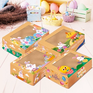 Easter bunny and chick gift boxes with window made of brown kraft paper for party candy