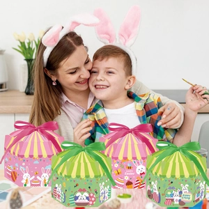 Boîtes à cadeaux hexagonales de Pâques avec nœuds en satin et motifs de lapins mignons