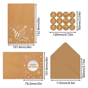 DIY kraft paper birthday card set with envelope and stickers featuring white hand-drawn icons