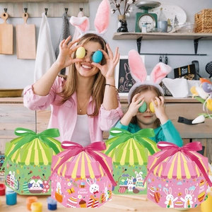 Boîtes Cadeaux Hexagonales de Pâques Motifs Lapin Œuf Nœud en Ruban Satin Boîtes à Bonbons Pour Faveurs de Fête Décor
