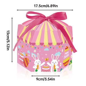 Boîte cadeau de Pâques hexagonale rose avec motif lapin et ruban, hauteur 13cm