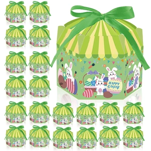 Détail de 20 boîtes cadeau de Pâques hexagonales avec rubans verts et motifs de lapins