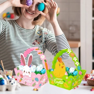 Detailed view of Happy Easter paper baskets featuring bunny and chick designs for gifts
