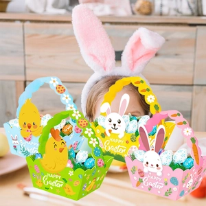 Colorful Easter gift baskets set with chicken and bunny patterns for holiday parties