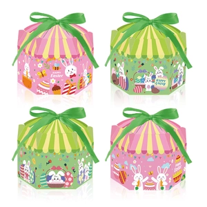 Boîtes cadeaux hexagonales Joyeuses Pâques avec motifs lapins et nœuds en satin
