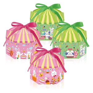Vue détaillée de boîtes cadeaux Happy Easter hexagonales avec lapins et nœuds en satin