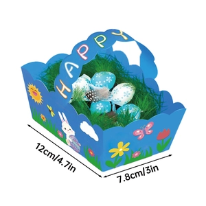 Panier de Pâques bleu en papier avec motifs de lapin et dimensions 12cm sur 7,8cm
