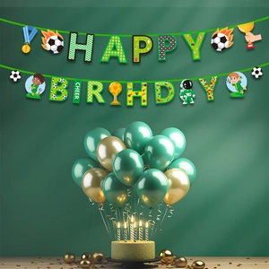 Soccer Theme Birthday Party Banner Football Happy Birthday Bunting Garland Trophy Pattern Sport Green Cardboard Hanging Sign For Celebration Decoration