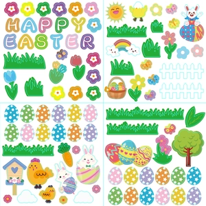 Lot de 4 autocollants de Pâques DIY avec lapins, œufs et arcs-en-ciel colorés pour déco