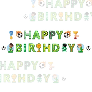 Green football theme Happy Birthday banner with soccer ball and trophy decorations