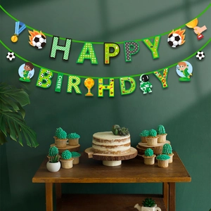 Green football themed Happy Birthday banner with soccer ball and trophy party decorations