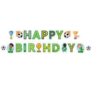 Football themed Happy Birthday banner with soccer ball and sports elements on white background