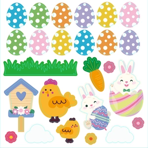 Mise à plat de stickers de Pâques avec des lapins, des œufs colorés et des carottes