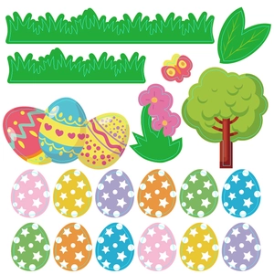 Détails d'autocollants de Pâques DIY avec des œufs colorés, arbres et fleurs