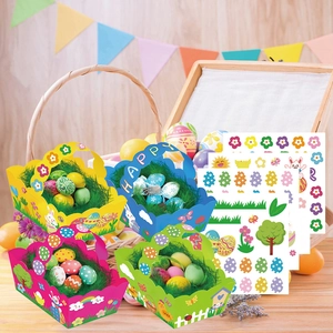 Panier cadeau DIY Joyeuses Pâques avec motifs de lapins colorés et autocollants