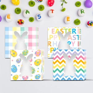 Easter candy gift boxes with rabbit cutout in plaid and floral patterns, set of 12