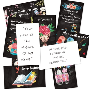Set of 50 chalkboard style motivational cards with hand-drawn illustrations and quotes