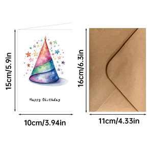 Front and back detail of watercolor birthday card with envelope and size markings