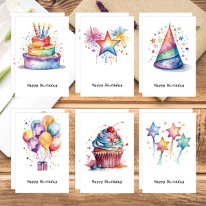 Set of 6 watercolor birthday cards with hand-painted cake and balloon designs
