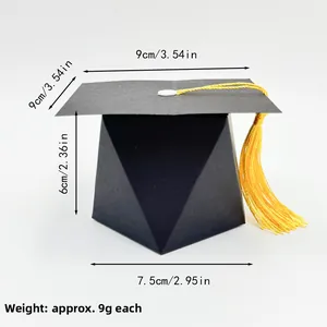 Detailed dimensions of mortarboard gift box with golden tassel measuring 9x9x6cm