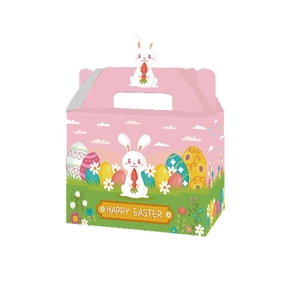 Happy Easter gift box featuring cute bunny and eggs on pink background with handle