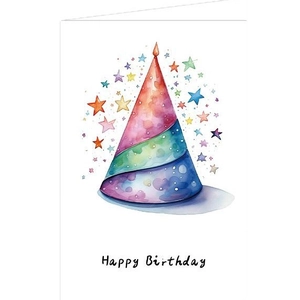 Minimalist watercolor party hat birthday greeting card with envelope and stars
