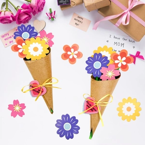 Handmade DIY paper flower bouquet set for Mother's Day with Love You Mom heart pendant
