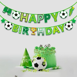 Football Theme Happy Birthday Banner White Cardboard Soccer Trophy Sport Elements Green Hanging Garland Party Decoration