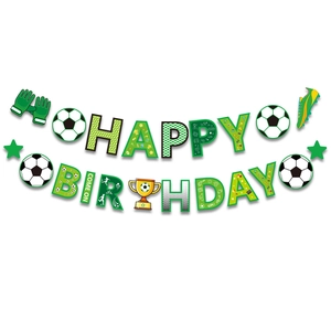 Soccer theme Happy Birthday banner with football trophies and sport party decorations