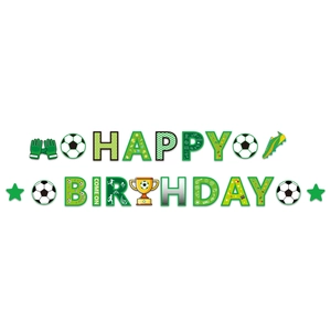 Soccer themed Happy Birthday banner set with football icons and trophy party decorations