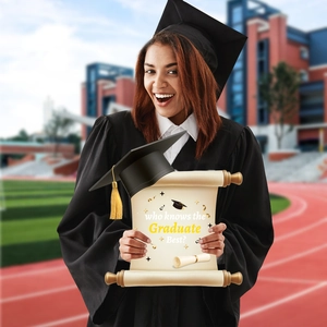 Close-up of a scroll-shaped graduation game card with a mini mortarboard and tassel